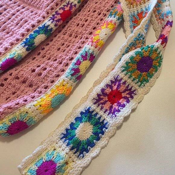 Pink Crochet Granny Square Shoulder Bag Knit Hobo Hippie Boho Purse - Picture 4 of 5